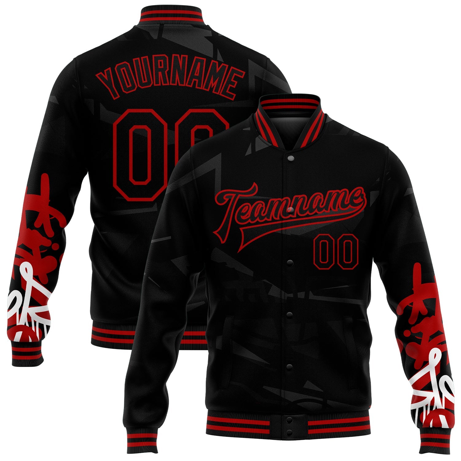 Custom Graffiti Pattern Black-Red Dark Abstract Urban Street Art 3D Bomber Full-Snap Varsity Letterman Jacket - Main View