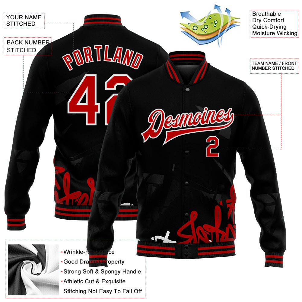 Custom Graffiti Pattern Red-Black Dark Abstract Urban Street Art 3D Bomber Full-Snap Varsity Letterman Jacket view 5