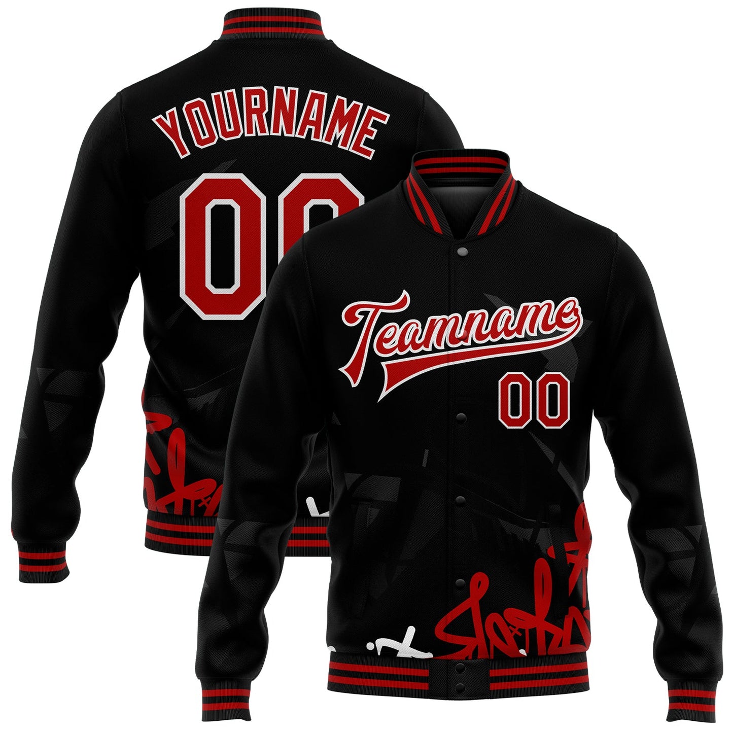 Custom Graffiti Pattern Red-Black Dark Abstract Urban Street Art 3D Bomber Full-Snap Varsity Letterman Jacket - Main View