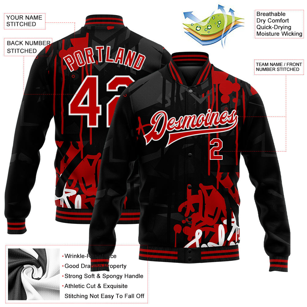 Custom Graffiti Pattern Red-Black Dark Abstract Urban Street Art 3D Bomber Full-Snap Varsity Letterman Jacket view 5