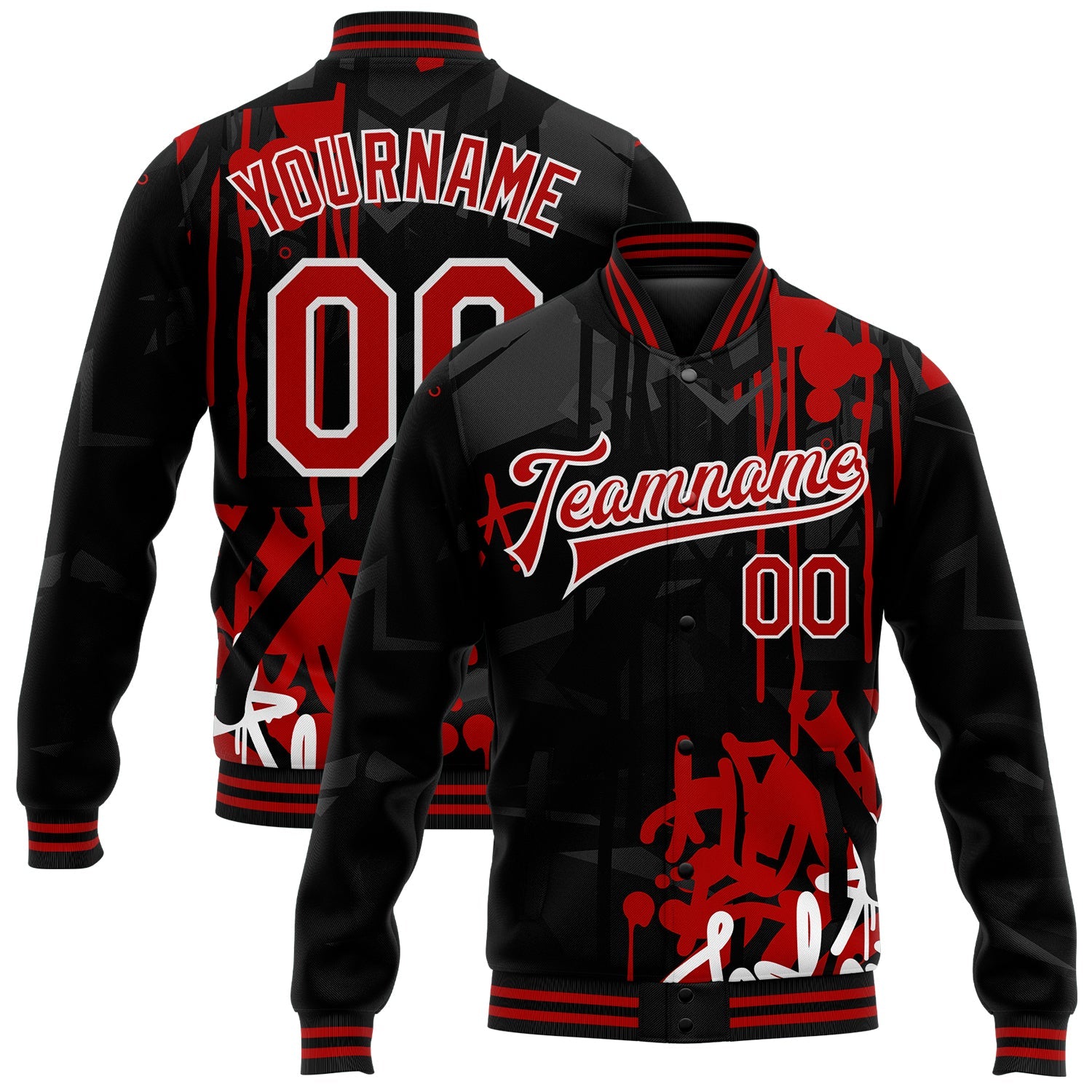Custom Graffiti Pattern Red-Black Dark Abstract Urban Street Art 3D Bomber Full-Snap Varsity Letterman Jacket - Main View