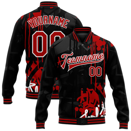 Custom Graffiti Pattern Red-Black Dark Abstract Urban Street Art 3D Bomber Full-Snap Varsity Letterman Jacket - Main View
