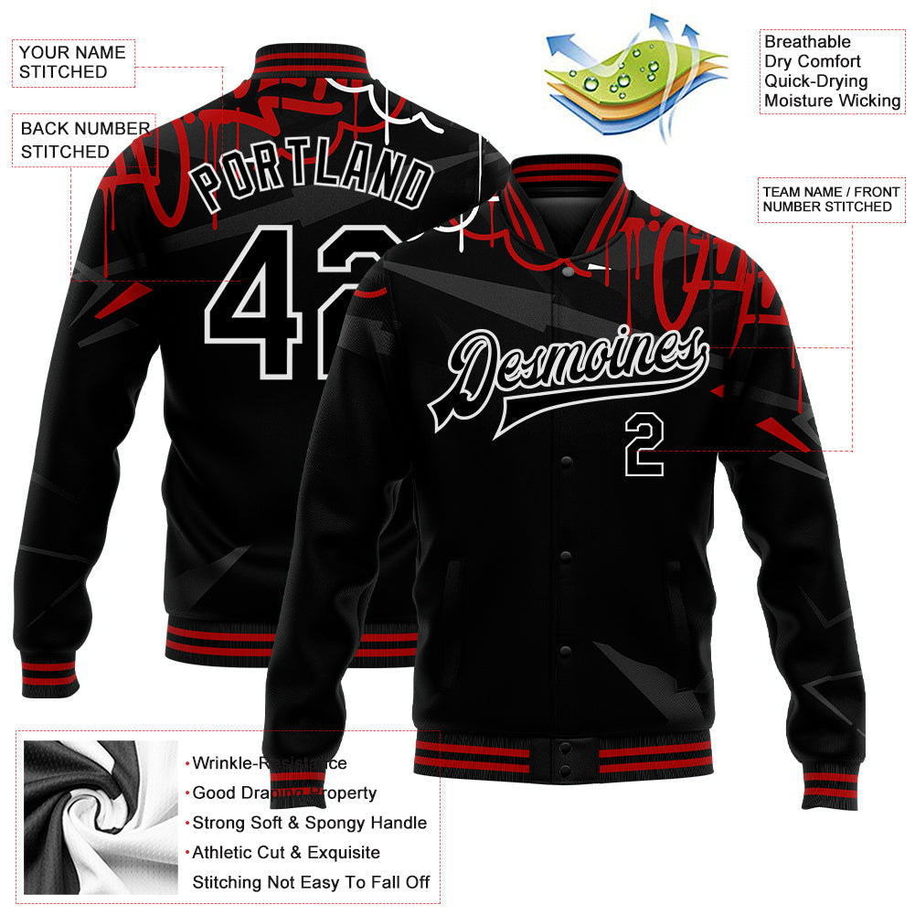 Custom Graffiti Pattern Black-Red Dark Abstract Urban Street Art 3D Bomber Full-Snap Varsity Letterman Jacket view 5