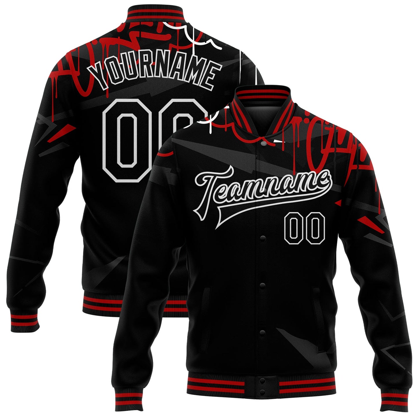 Custom Graffiti Pattern Black-Red Dark Abstract Urban Street Art 3D Bomber Full-Snap Varsity Letterman Jacket - Main View