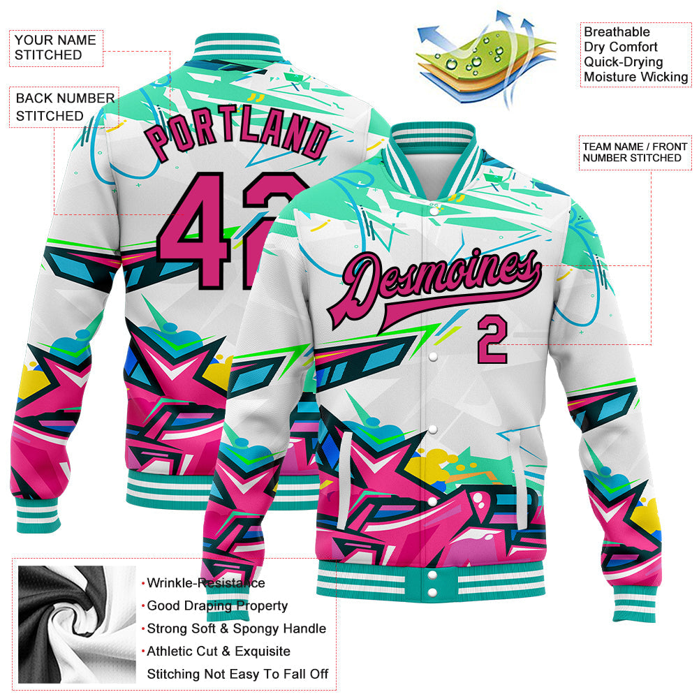 Custom Graffiti Pattern Pink-Black Abstract Splashes 3D Bomber Full-Snap Varsity Letterman Jacket view 5