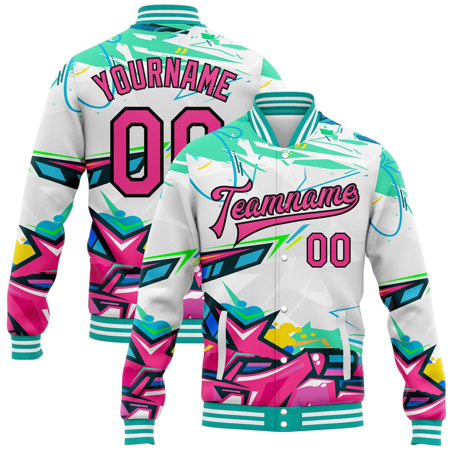 Custom Graffiti Pattern Pink-Black Abstract Splashes 3D Bomber Full-Snap Varsity Letterman Jacket - Main View