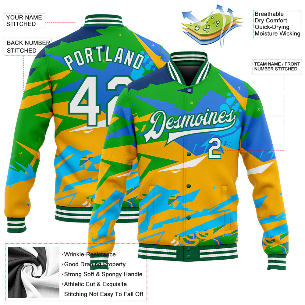 Custom Graffiti Pattern White-Kelly Green Hiphop Abstract Urban Street Art 3D Bomber Full-Snap Varsity Letterman Jacket view 5