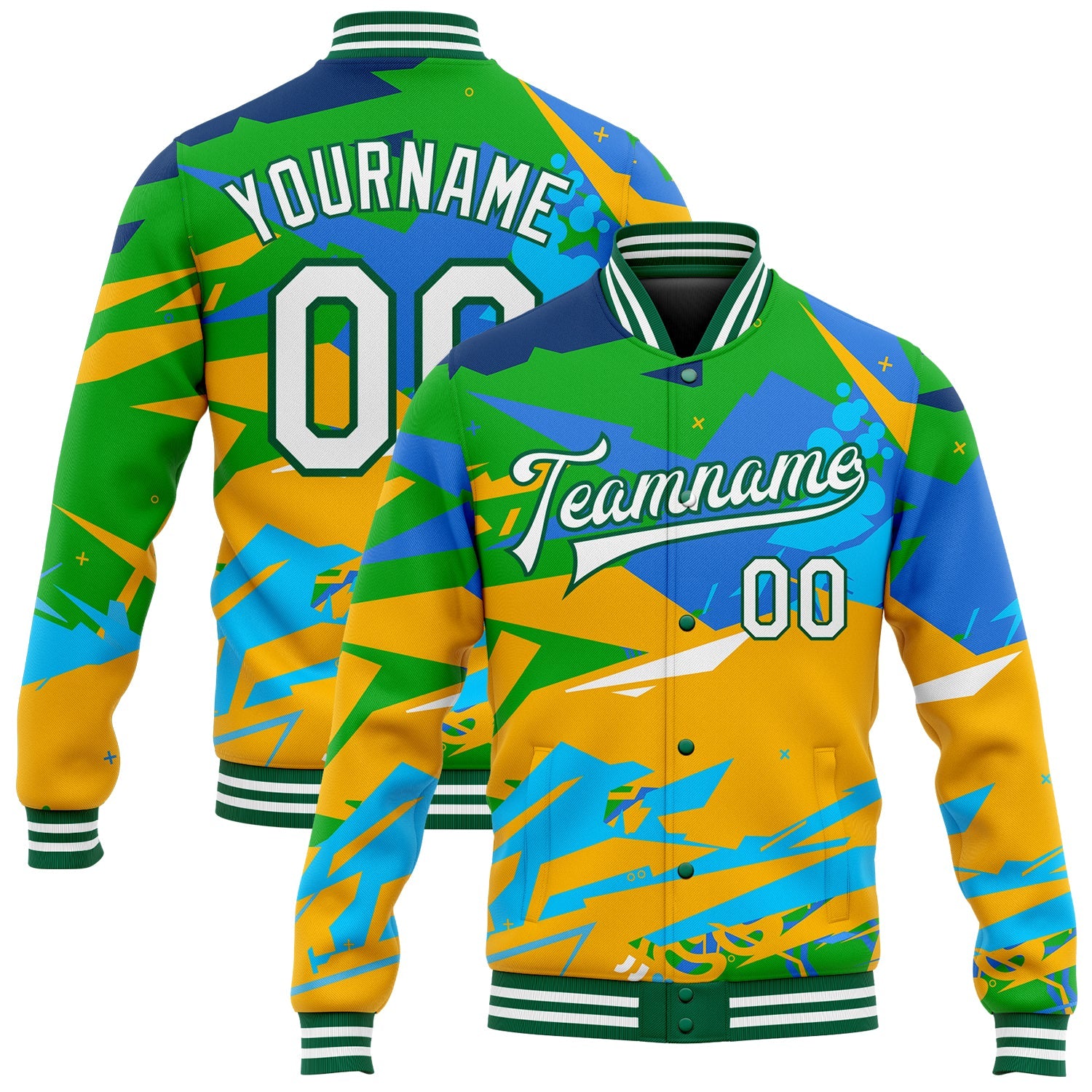 Custom Graffiti Pattern White-Kelly Green Hiphop Abstract Urban Street Art 3D Bomber Full-Snap Varsity Letterman Jacket - Main View