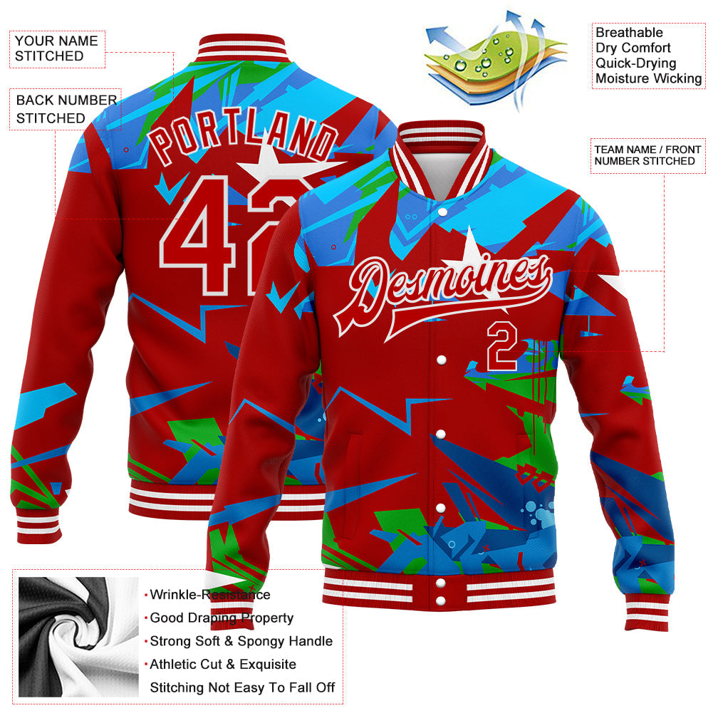 Custom Graffiti Pattern Red-White Hiphop Abstract Urban Street Art 3D Bomber Full-Snap Varsity Letterman Jacket view 5