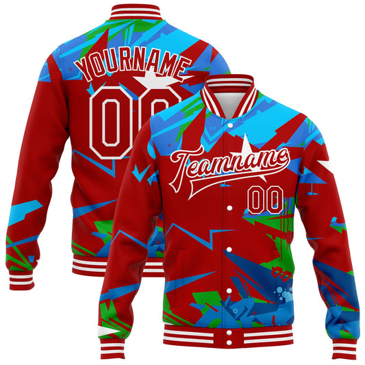 Custom Graffiti Pattern Red-White Hiphop Abstract Urban Street Art 3D Bomber Full-Snap Varsity Letterman Jacket - Main View
