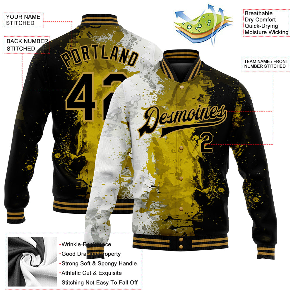 Custom Graffiti Pattern Black-Old Gold Grunge Art 3D Bomber Full-Snap Varsity Letterman Jacket view 5
