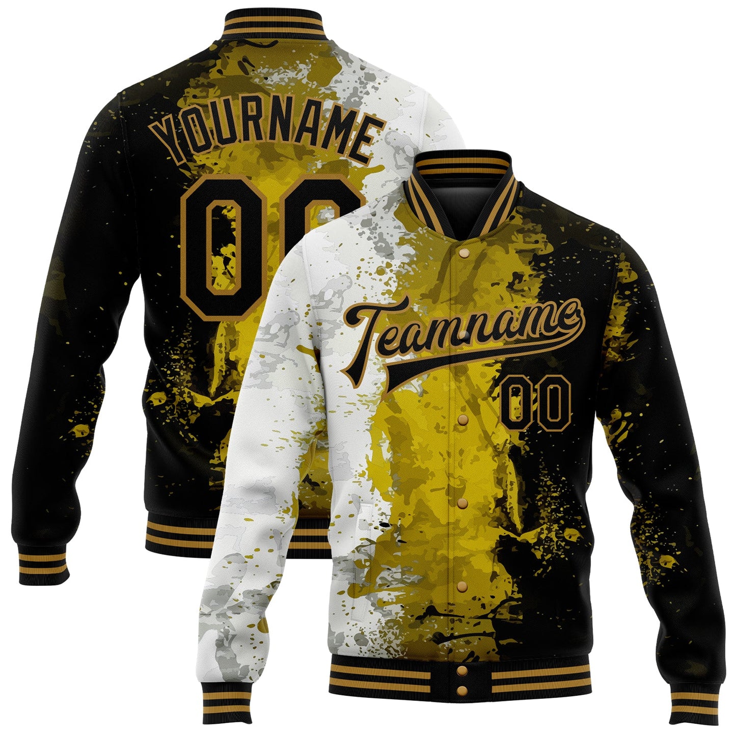 Custom Graffiti Pattern Black-Old Gold Grunge Art 3D Bomber Full-Snap Varsity Letterman Jacket - Main View