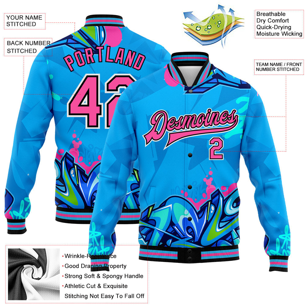 Custom Graffiti Pattern Pink-Black Hiphop Abstract Urban Street Art 3D Bomber Full-Snap Varsity Letterman Jacket view 5