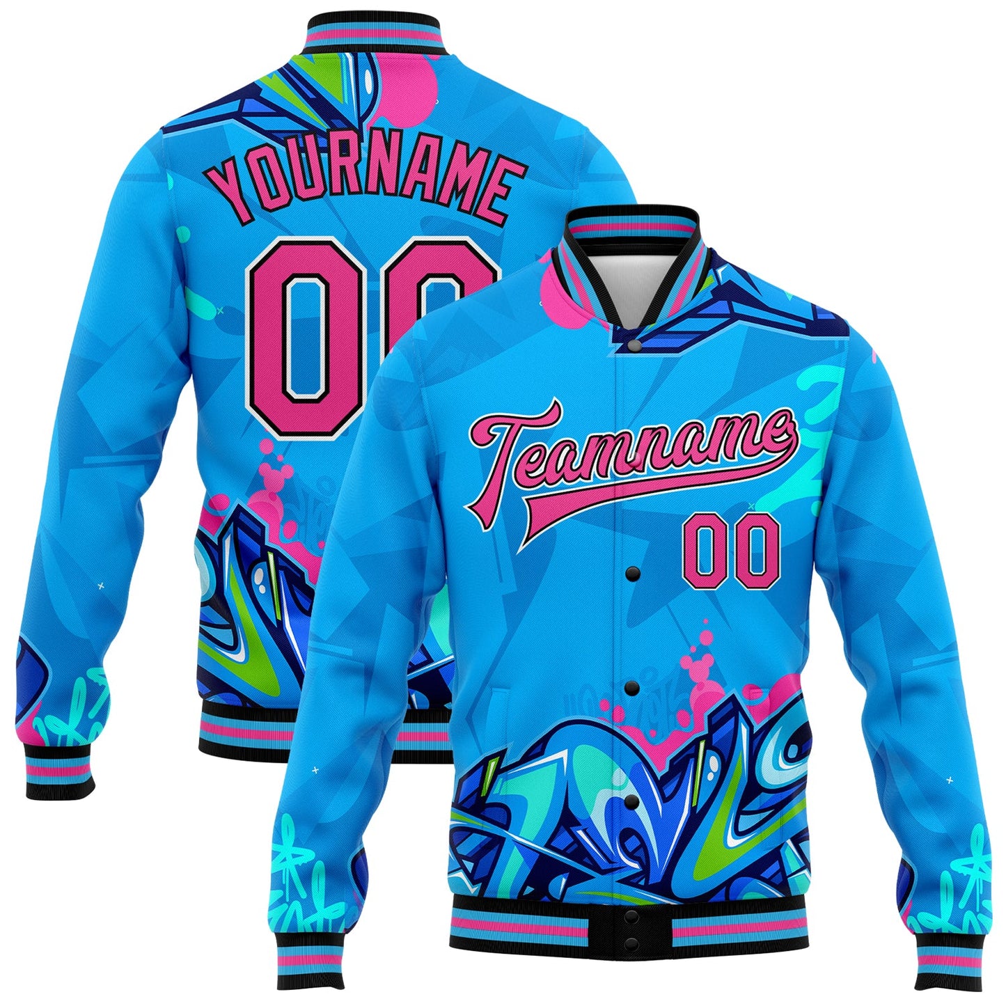 Custom Graffiti Pattern Pink-Black Hiphop Abstract Urban Street Art 3D Bomber Full-Snap Varsity Letterman Jacket - Main View
