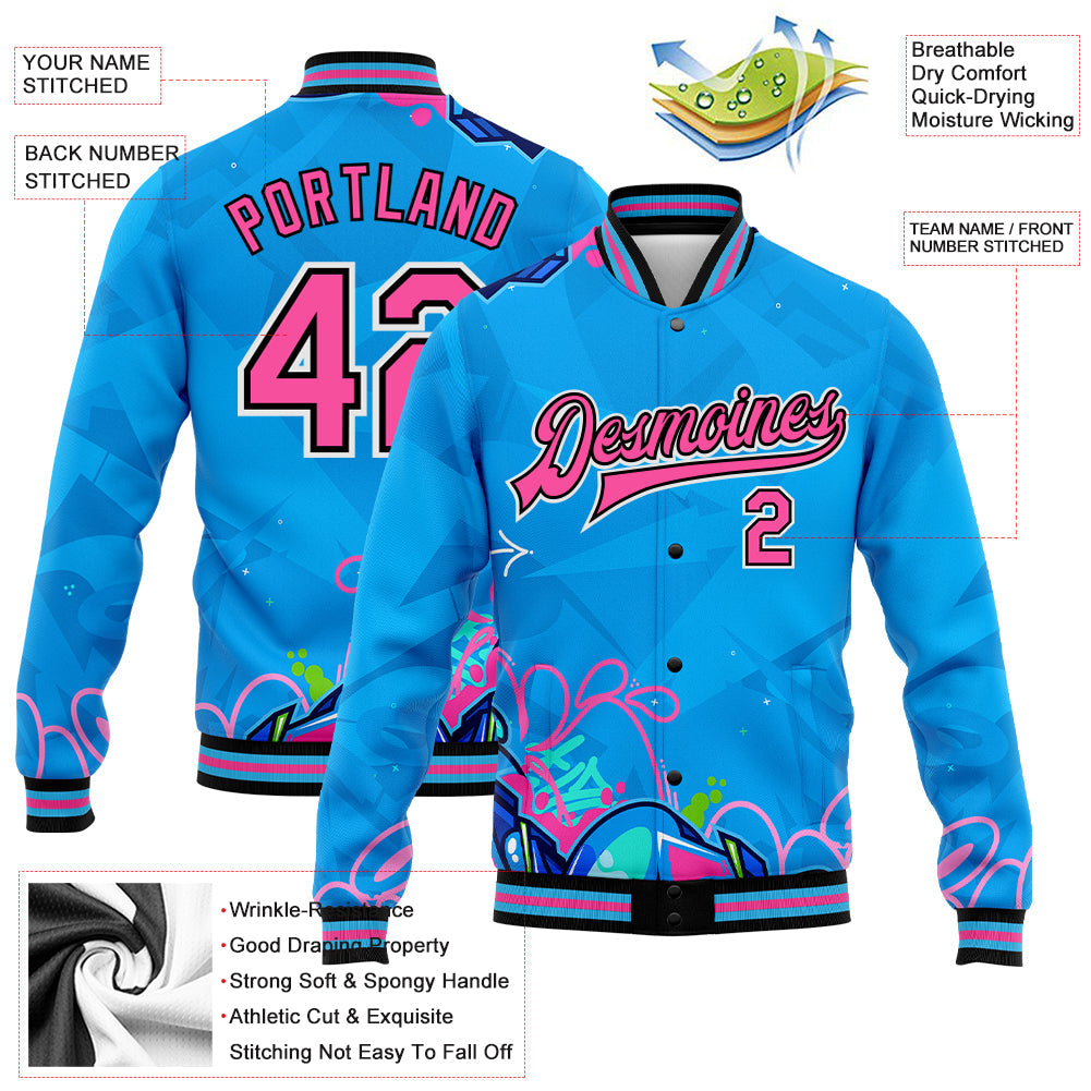 Custom Graffiti Pattern Pink-Black Hiphop Abstract Urban Street Art 3D Bomber Full-Snap Varsity Letterman Jacket view 5