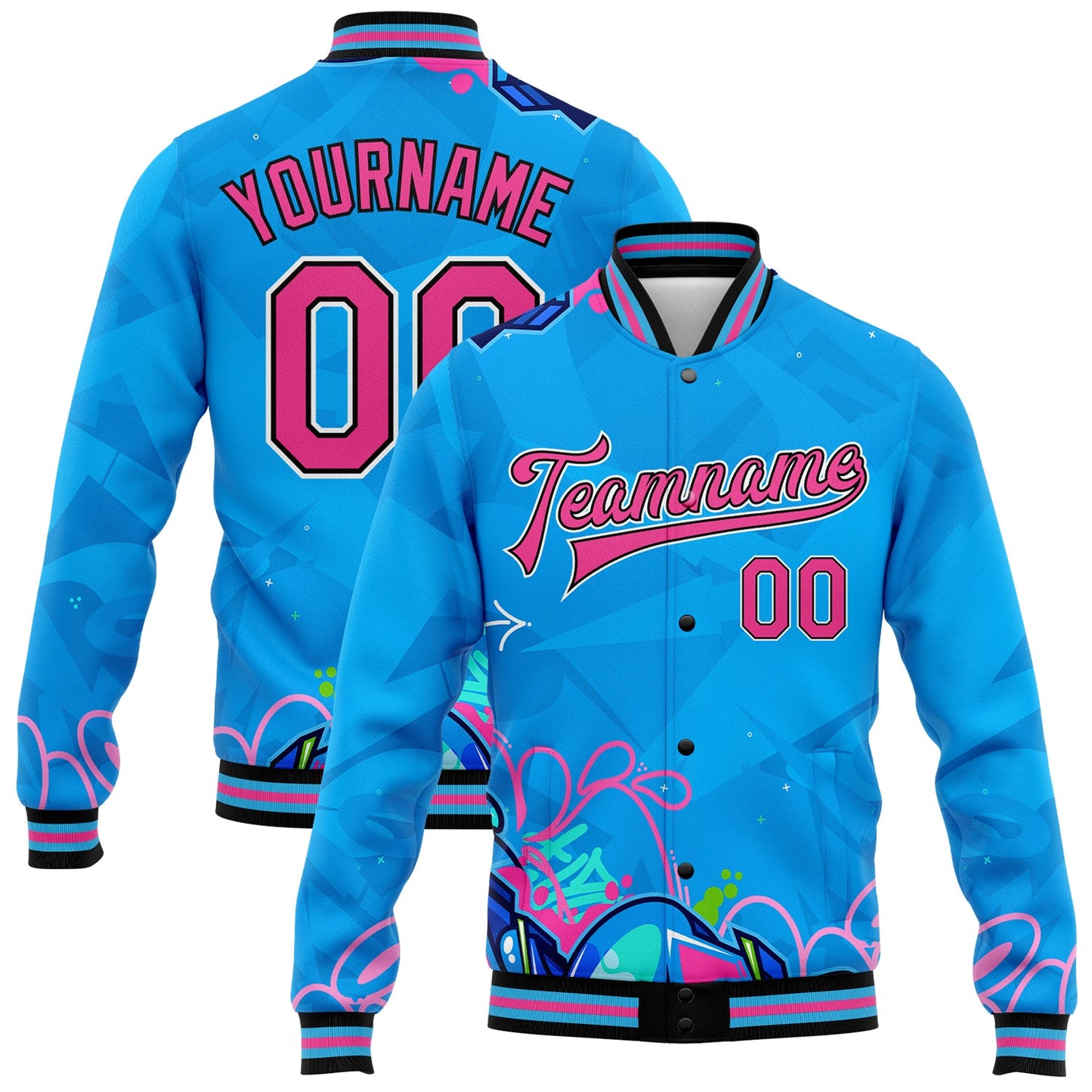 Custom Graffiti Pattern Pink-Black Hiphop Abstract Urban Street Art 3D Bomber Full-Snap Varsity Letterman Jacket - Main View