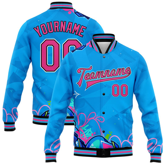 Custom Graffiti Pattern Pink-Black Hiphop Abstract Urban Street Art 3D Bomber Full-Snap Varsity Letterman Jacket - Main View