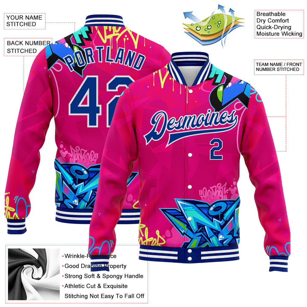 Custom Graffiti Pattern Royal-White Hiphop Abstract Urban Street Art 3D Bomber Full-Snap Varsity Letterman Jacket view 5
