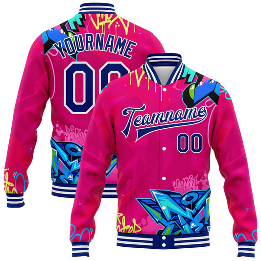 Custom Graffiti Pattern Royal-White Hiphop Abstract Urban Street Art 3D Bomber Full-Snap Varsity Letterman Jacket - Main View