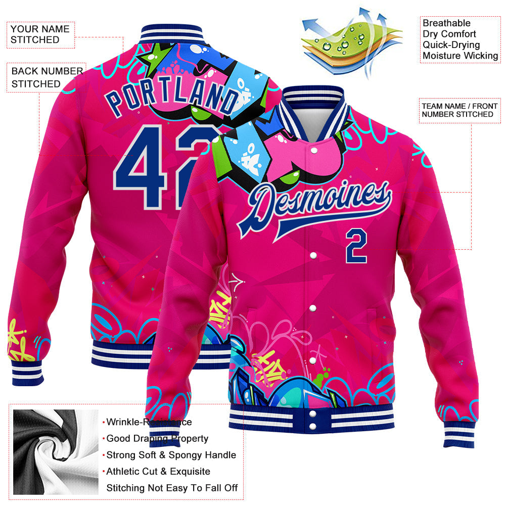 Custom Graffiti Pattern Royal-White Hiphop Abstract Urban Street Art 3D Bomber Full-Snap Varsity Letterman Jacket view 5