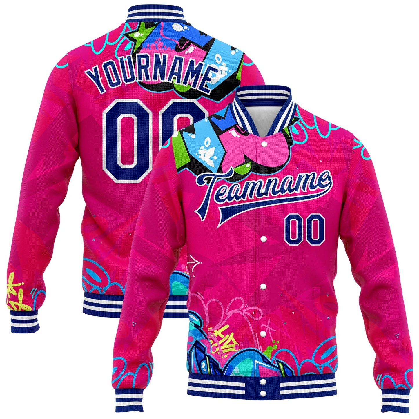 Custom Graffiti Pattern Royal-White Hiphop Abstract Urban Street Art 3D Bomber Full-Snap Varsity Letterman Jacket - Main View