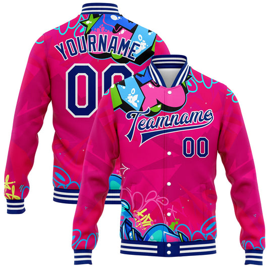 Custom Graffiti Pattern Royal-White Hiphop Abstract Urban Street Art 3D Bomber Full-Snap Varsity Letterman Jacket - Main View
