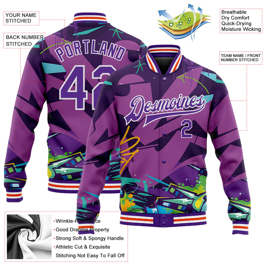 Custom Graffiti Pattern Purple-White Trendy Abstract Urban Street Art 3D Bomber Full-Snap Varsity Letterman Jacket view 5