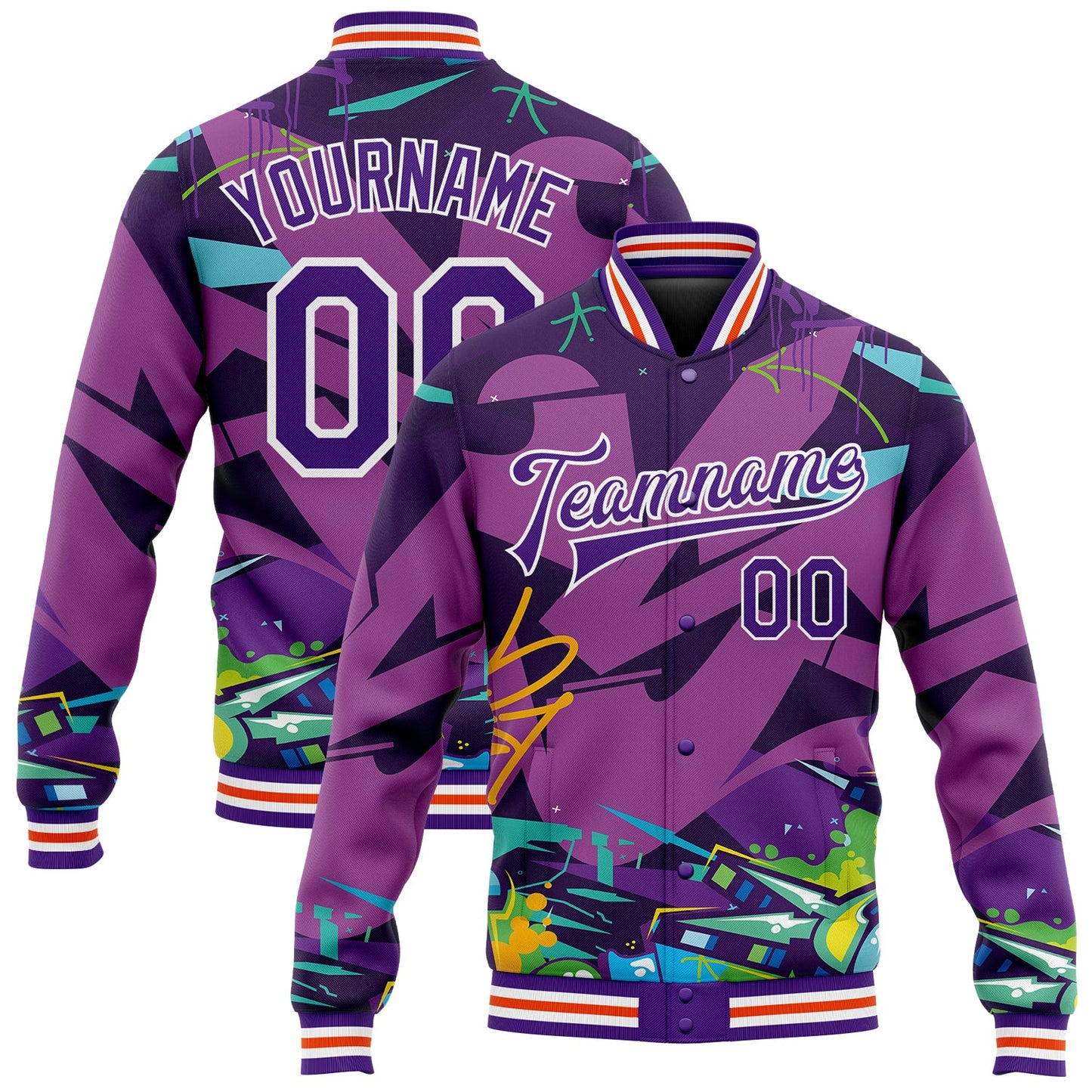 Custom Graffiti Pattern Purple-White Trendy Abstract Urban Street Art 3D Bomber Full-Snap Varsity Letterman Jacket - Main View