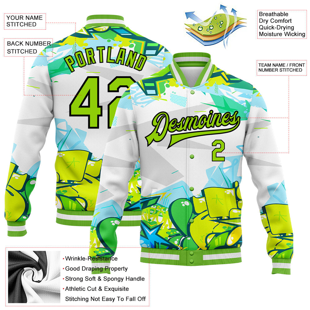 Custom Graffiti Pattern Neon Green-Black Trendy Abstract Urban Street Art 3D Bomber Full-Snap Varsity Letterman Jacket view 5