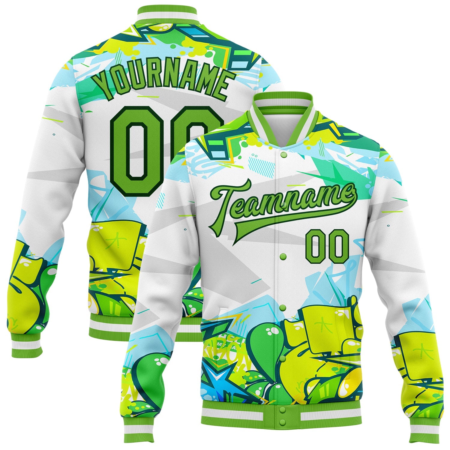 Custom Graffiti Pattern Neon Green-Black Trendy Abstract Urban Street Art 3D Bomber Full-Snap Varsity Letterman Jacket - Main View