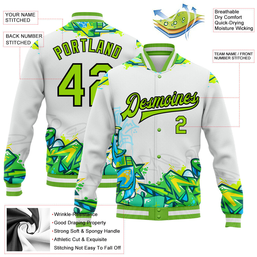 Custom Graffiti Pattern Neon Green-Black Trendy Abstract Urban Street Art 3D Bomber Full-Snap Varsity Letterman Jacket view 5