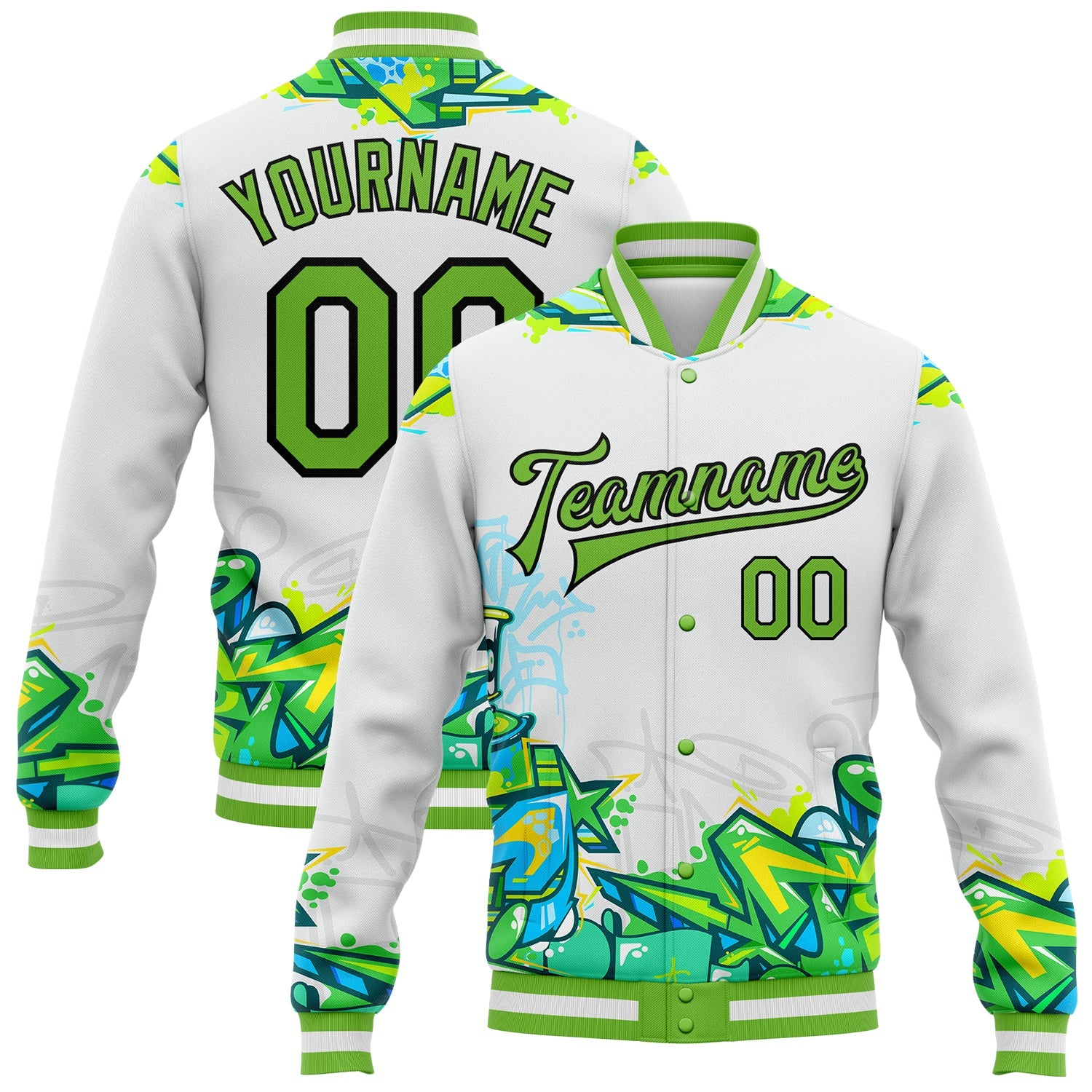Custom Graffiti Pattern Neon Green-Black Trendy Abstract Urban Street Art 3D Bomber Full-Snap Varsity Letterman Jacket - Main View