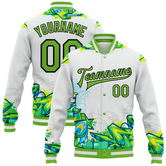 Custom Graffiti Pattern Neon Green-Black Trendy Abstract Urban Street Art 3D Bomber Full-Snap Varsity Letterman Jacket - Main View