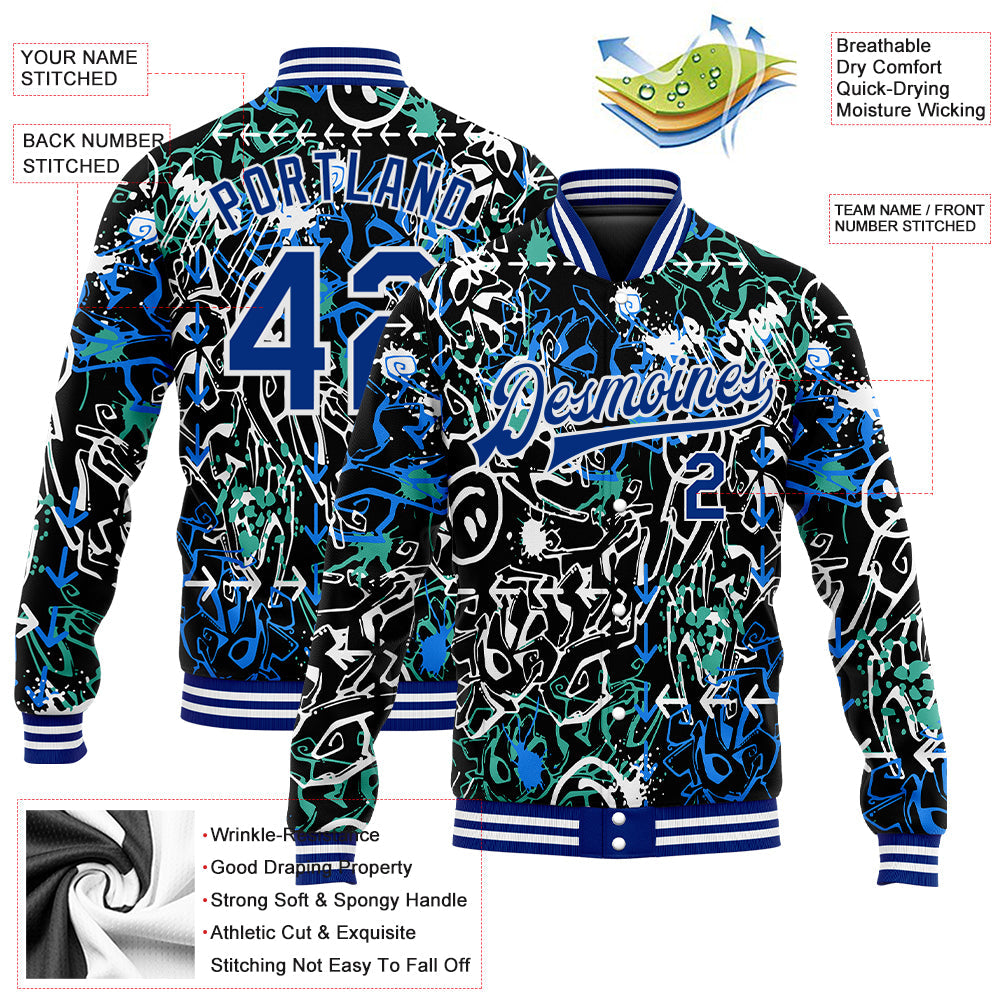 Custom Graffiti Pattern Royal-White Abstract Grunge Art 3D Bomber Full-Snap Varsity Letterman Jacket view 5