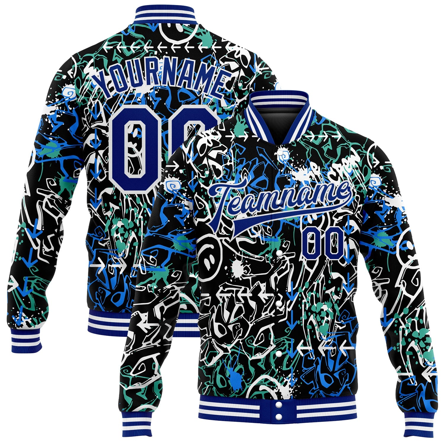 Custom Graffiti Pattern Royal-White Abstract Grunge Art 3D Bomber Full-Snap Varsity Letterman Jacket - Main View