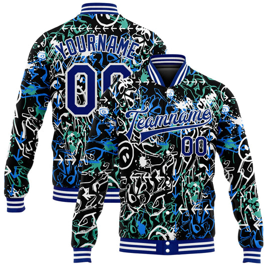 Custom Graffiti Pattern Royal-White Abstract Grunge Art 3D Bomber Full-Snap Varsity Letterman Jacket - Main View