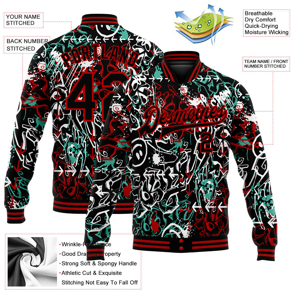 Custom Graffiti Pattern Black-Red Abstract Grunge Art 3D Bomber Full-Snap Varsity Letterman Jacket view 5