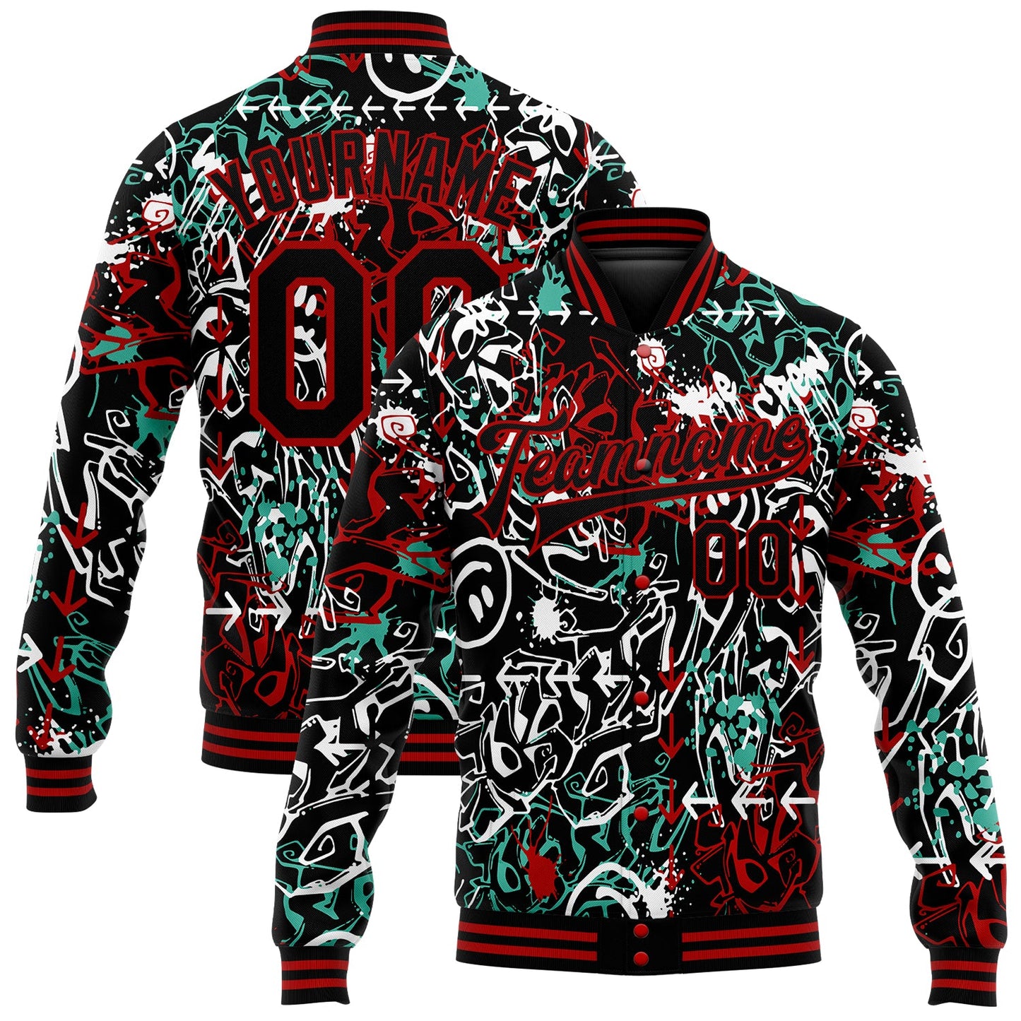 Custom Graffiti Pattern Black-Red Abstract Grunge Art 3D Bomber Full-Snap Varsity Letterman Jacket - Main View