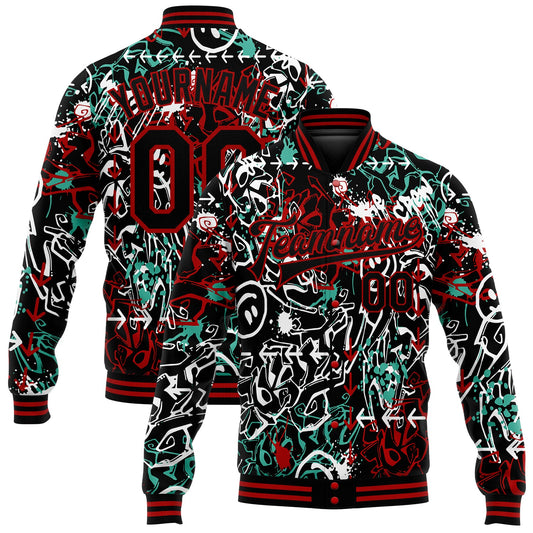 Custom Graffiti Pattern Black-Red Abstract Grunge Art 3D Bomber Full-Snap Varsity Letterman Jacket - Main View