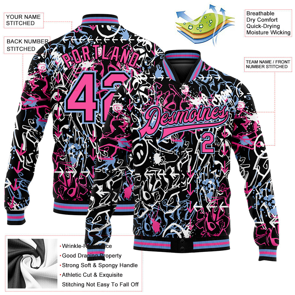 Custom Graffiti Pattern Pink-Light Blue Abstract Grunge Art 3D Bomber Full-Snap Varsity Letterman Jacket view 5