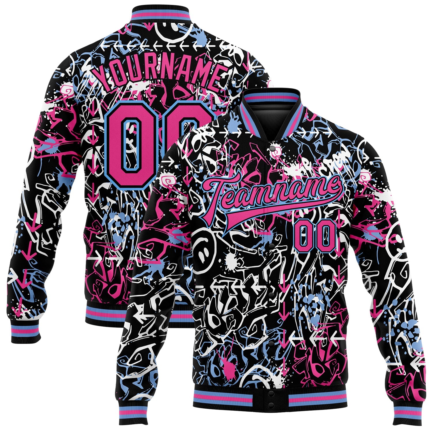 Custom Graffiti Pattern Pink-Light Blue Abstract Grunge Art 3D Bomber Full-Snap Varsity Letterman Jacket - Main View
