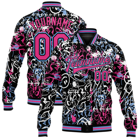 Custom Graffiti Pattern Pink-Light Blue Abstract Grunge Art 3D Bomber Full-Snap Varsity Letterman Jacket - Main View