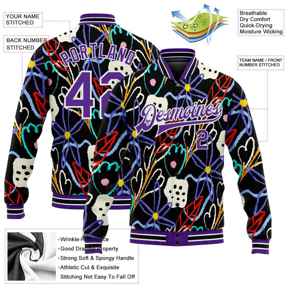 Custom Graffiti Pattern Purple-White Hand Painted Flowers 3D Bomber Full-Snap Varsity Letterman Jacket view 5