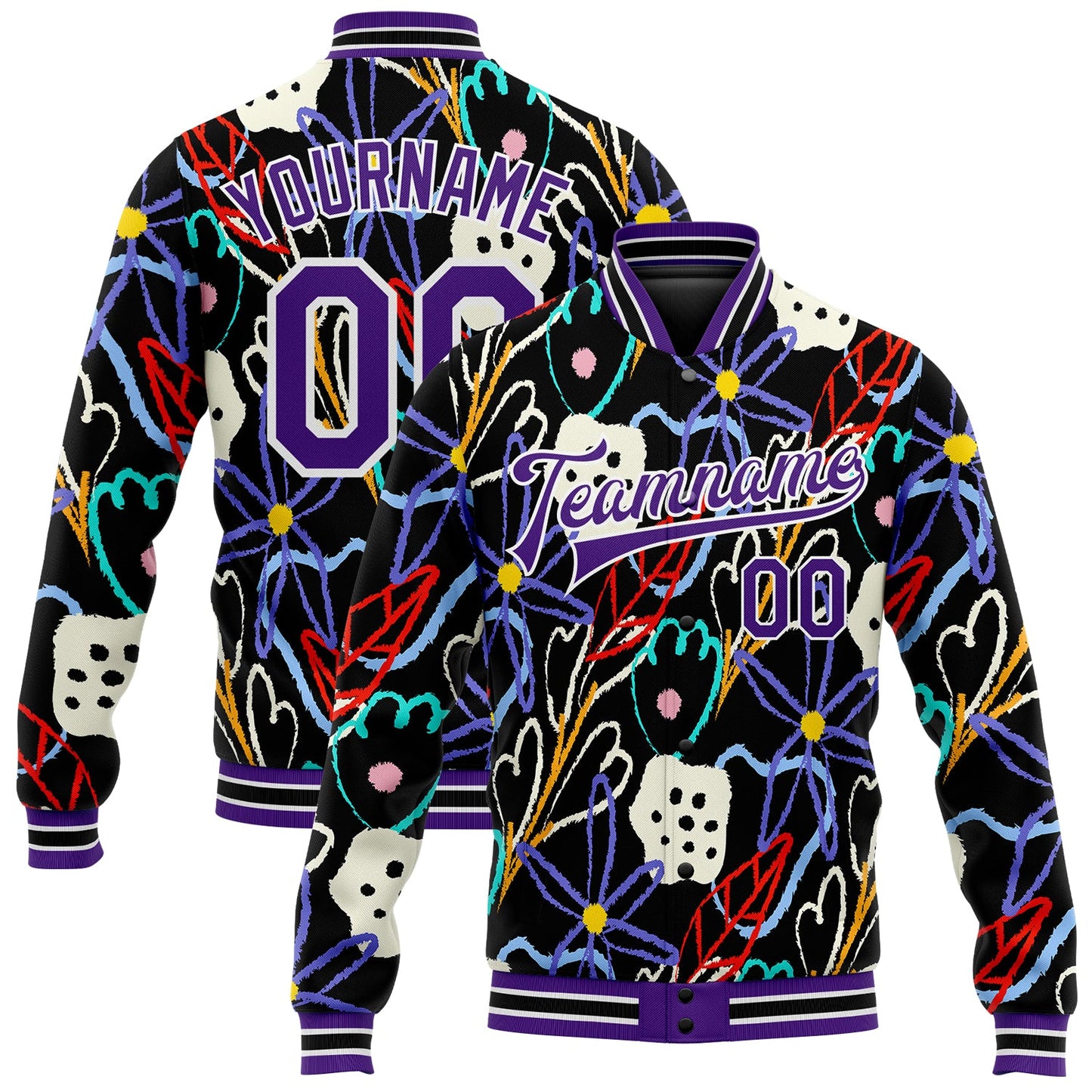 Custom Graffiti Pattern Purple-White Hand Painted Flowers 3D Bomber Full-Snap Varsity Letterman Jacket - Main View