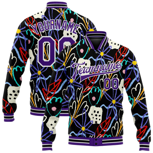 Custom Graffiti Pattern Purple-White Hand Painted Flowers 3D Bomber Full-Snap Varsity Letterman Jacket - Main View