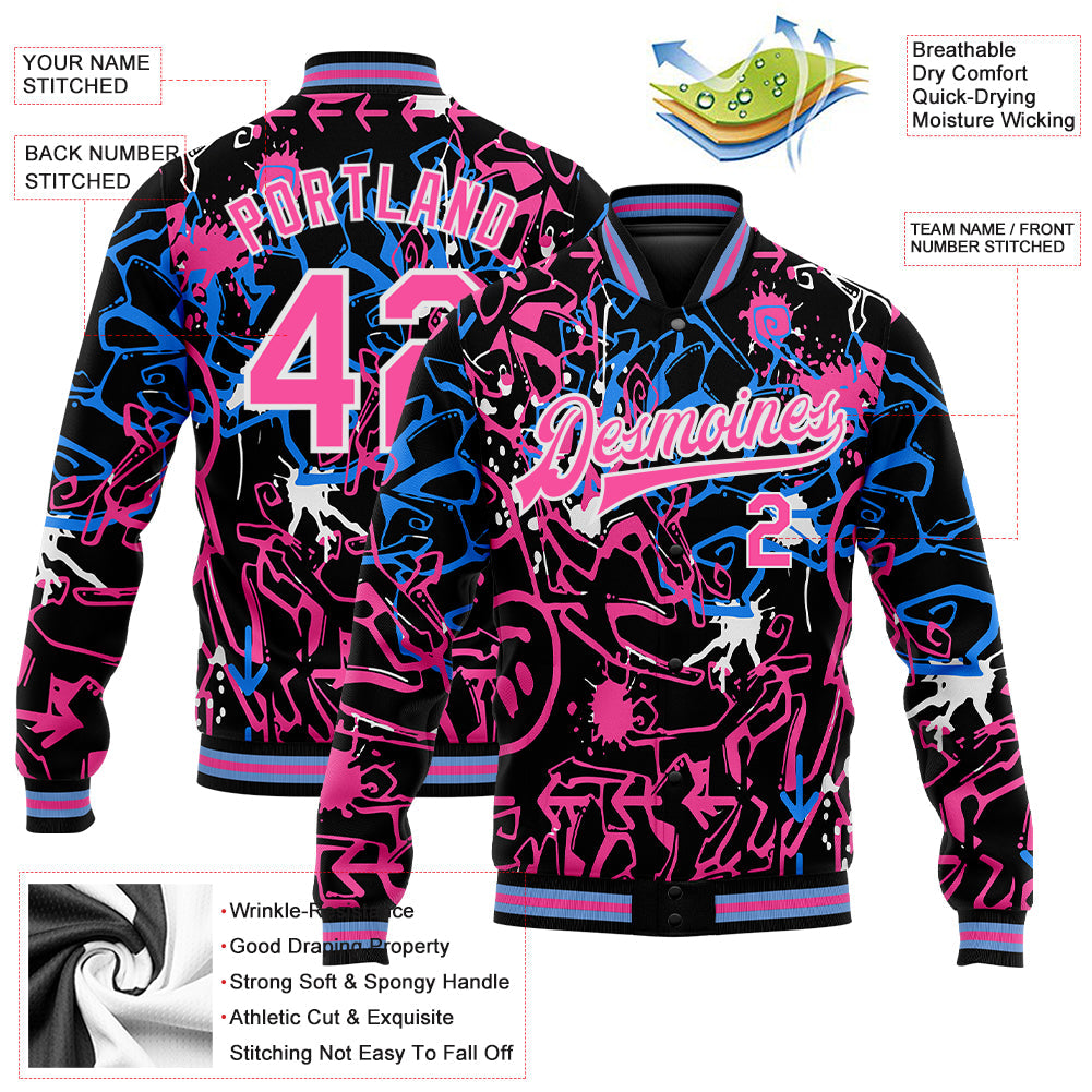 Custom Graffiti Pattern Pink-White Abstract Grunge Art 3D Bomber Full-Snap Varsity Letterman Jacket view 5