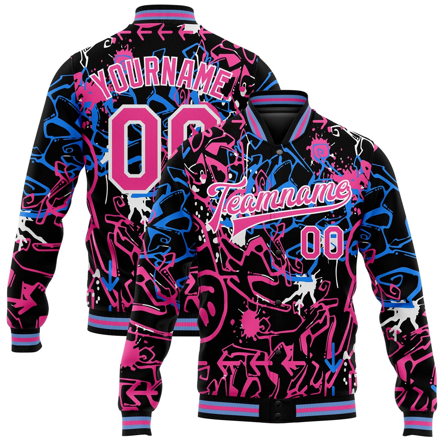 Custom Graffiti Pattern Pink-White Abstract Grunge Art 3D Bomber Full-Snap Varsity Letterman Jacket - Main View