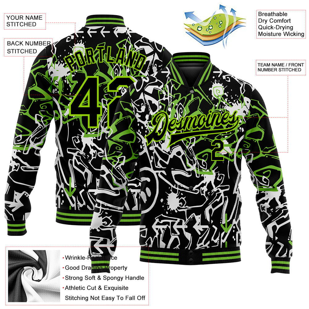 Custom Graffiti Pattern Black-Neon Green Abstract Grunge Art 3D Bomber Full-Snap Varsity Letterman Jacket view 5