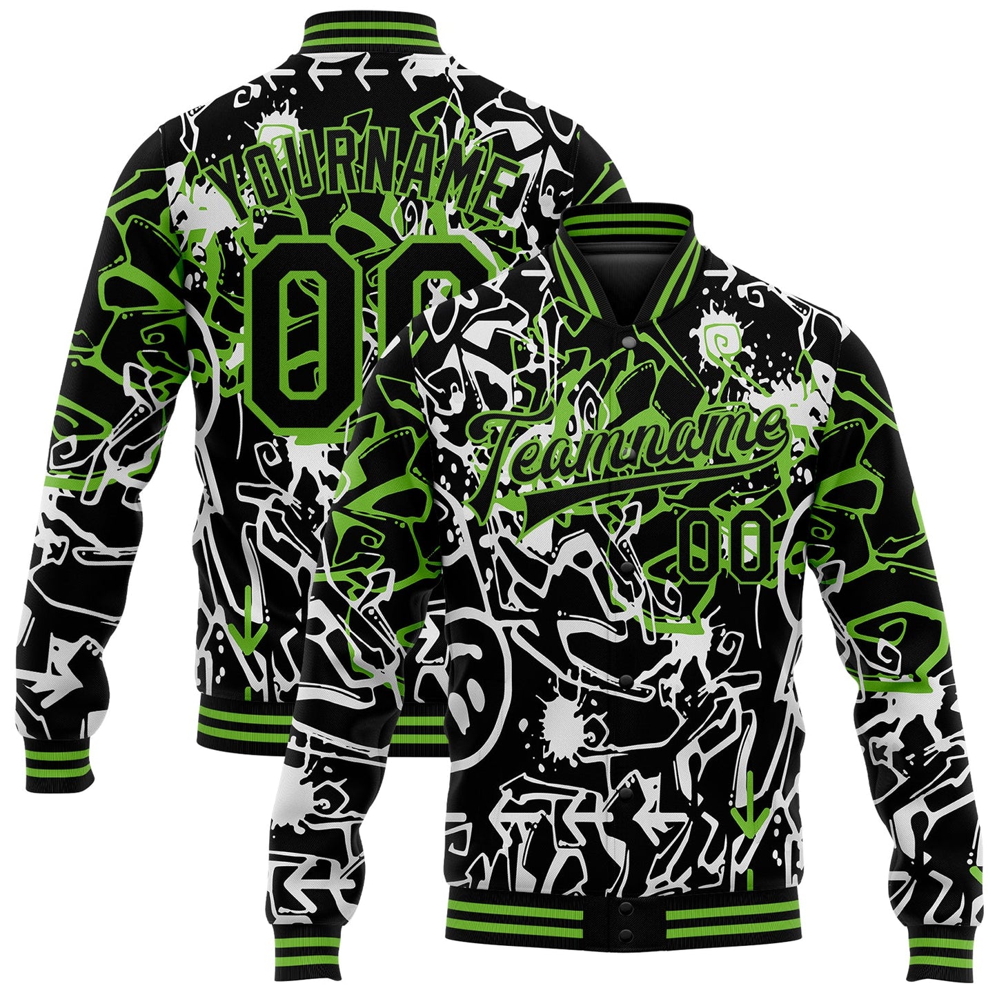 Custom Graffiti Pattern Black-Neon Green Abstract Grunge Art 3D Bomber Full-Snap Varsity Letterman Jacket - Main View