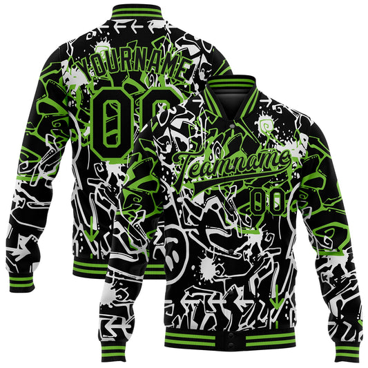 Custom Graffiti Pattern Black-Neon Green Abstract Grunge Art 3D Bomber Full-Snap Varsity Letterman Jacket - Main View